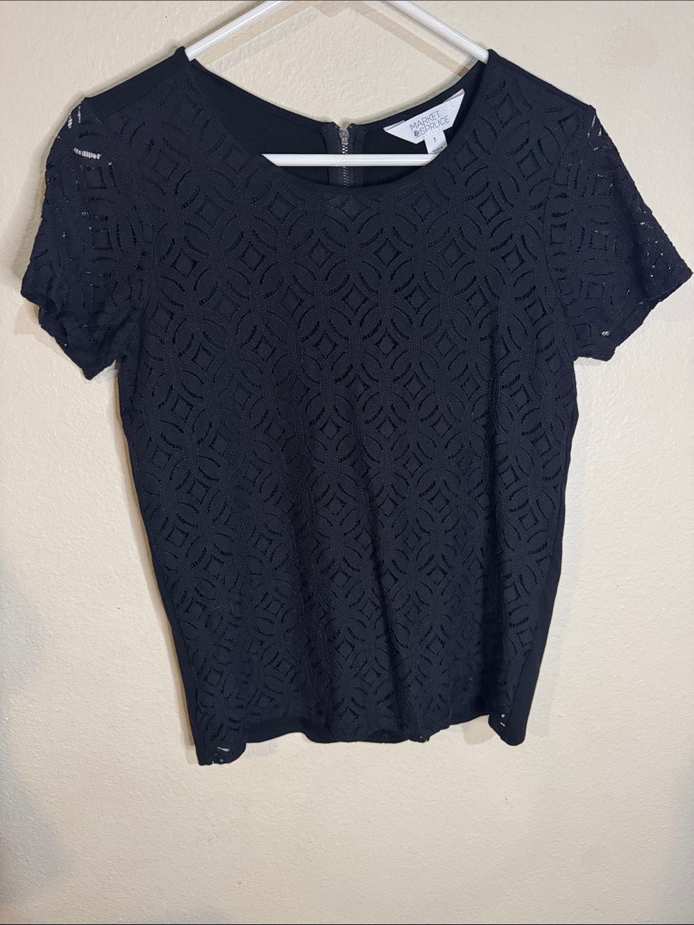Market & Spruce Black Geometric Lace Short Sleeve Top